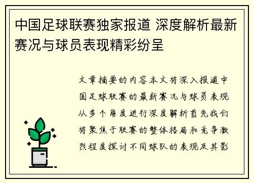 中国足球联赛独家报道 深度解析最新赛况与球员表现精彩纷呈
